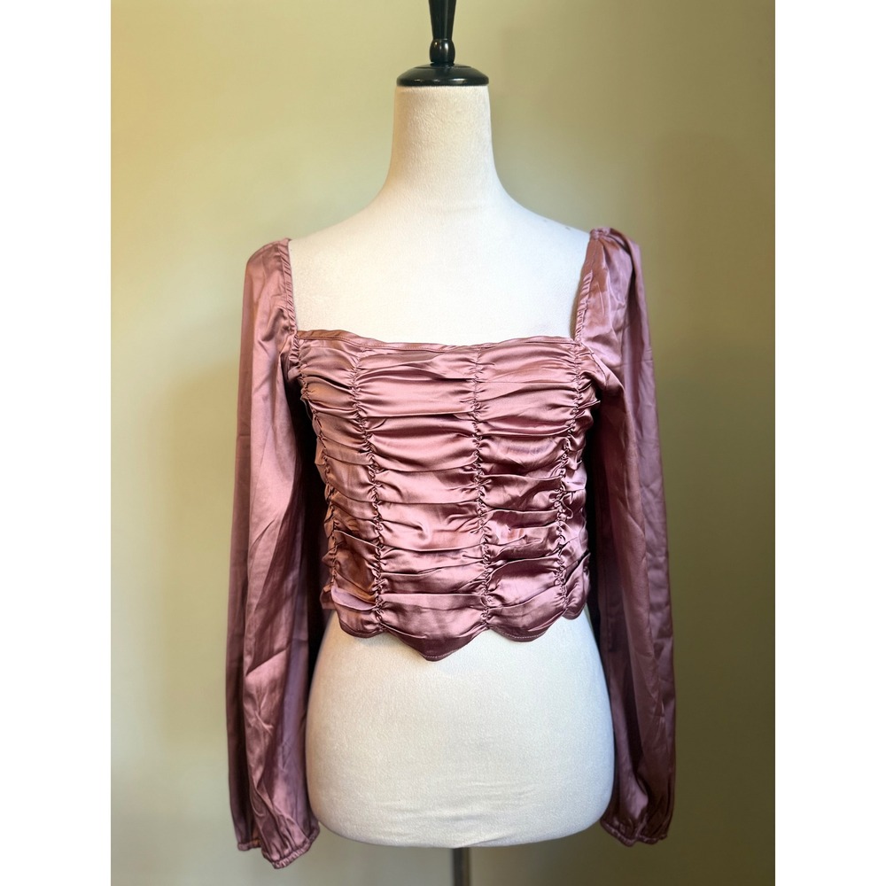 Boho fairy cottage whimsi Ruched Long Sleeve Crop‎ Top large Blouse Mauve Pink L
